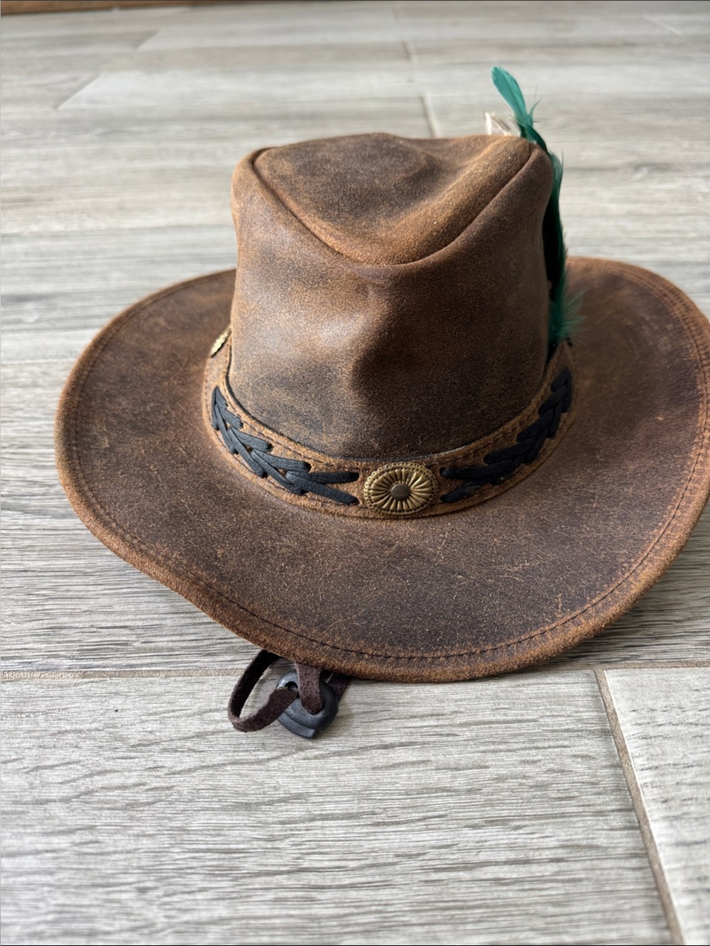 Brown Leather Western cowboy Hat with Feather Accent